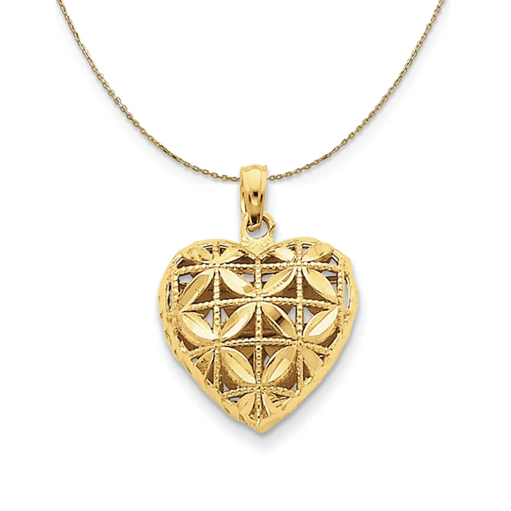 14k Yellow Gold Diamond Cut Open Puffed Heart Necklace