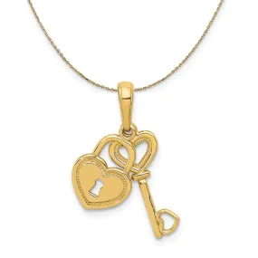 14k Yellow Gold Key and Heart Shaped Lock Necklace