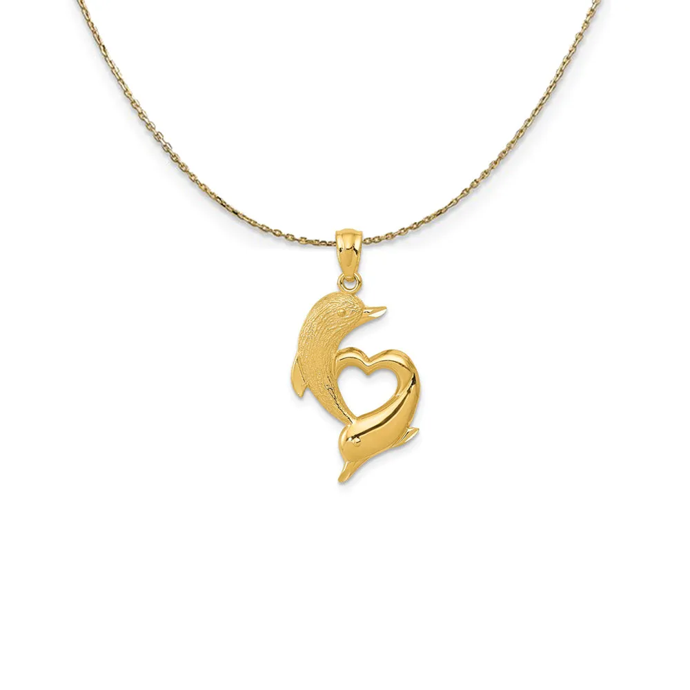 14k Yellow Gold Polished Dolphins & Heart, 14x25mm Necklace