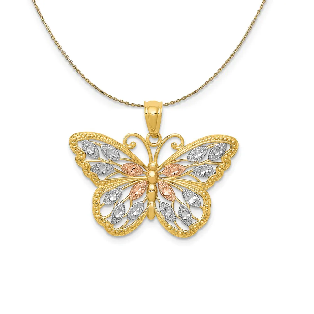 14k Yellow Gold with White & Rose Rhodium Butterfly Necklace