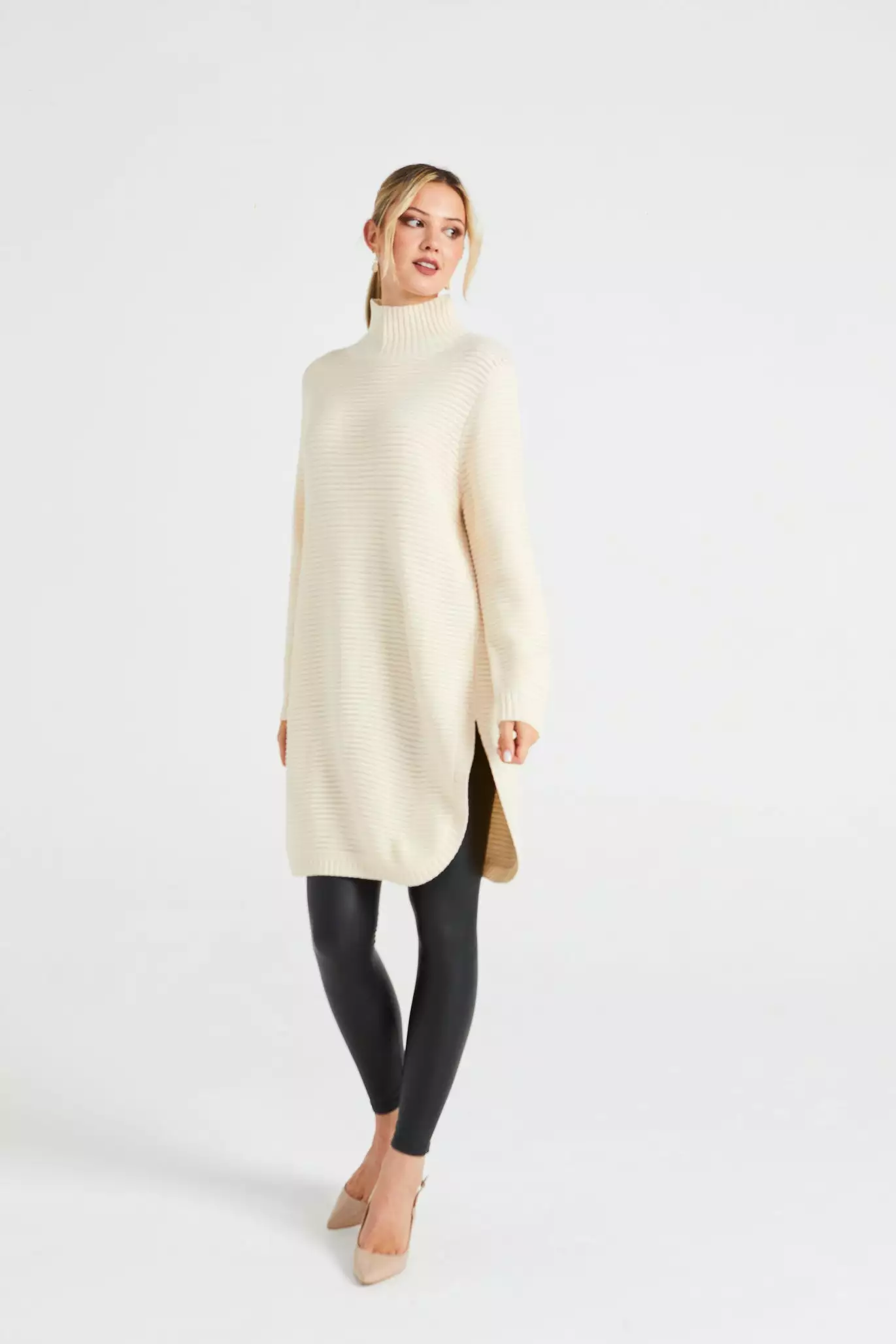 Angeleye High Neck Ribbed Knitted Tunic With Side Slits