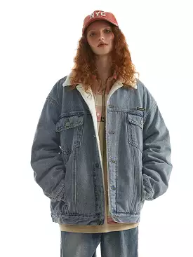 Ashore Shop Btown imitation lamb denim jacket for women loose couple thickened cotton coat