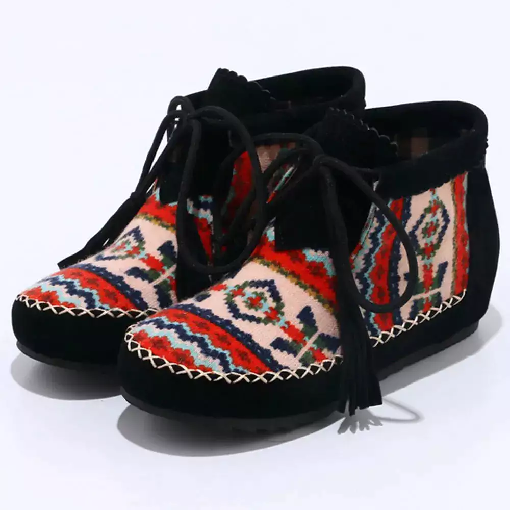 Ashore Shop Spring Autumn Fashion Large Size 34-43 Embroider Flock Lace Up Ankle Boots