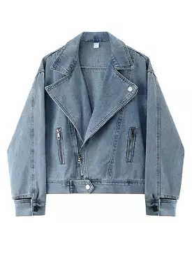 Autumn Motorcycle Denim Jacket Women Vintage Loose Lapel Zipper Short Coat Lady Fashion Casual Short Outwear