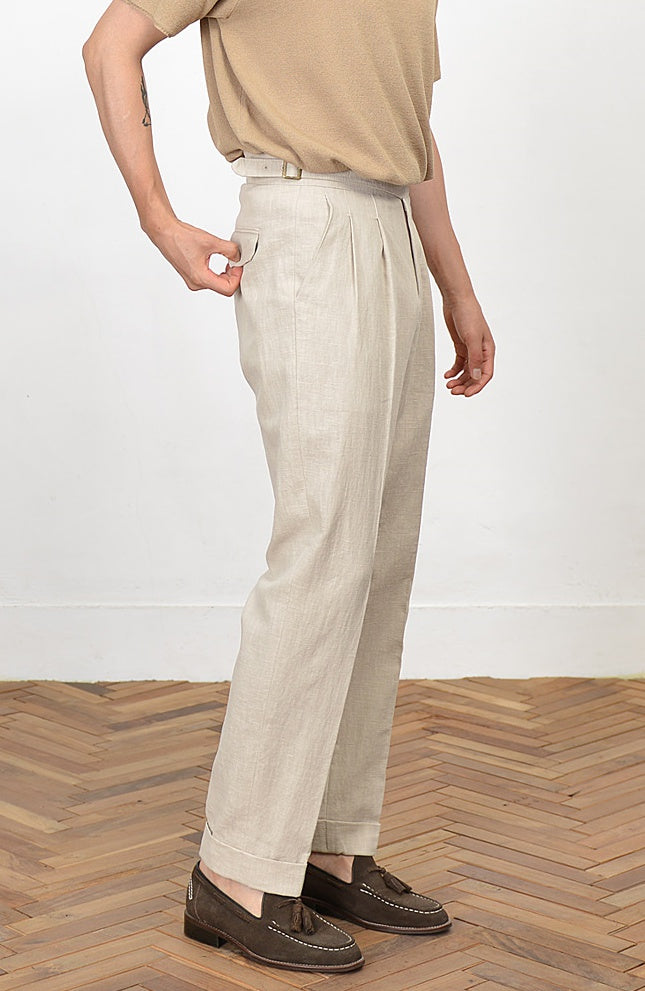 Beige Linen Two Tucked High Waist Trousers Mens Relaxed Pleated Pants