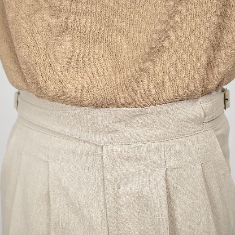 Beige Linen Two Tucked High Waist Trousers Mens Relaxed Pleated Pants