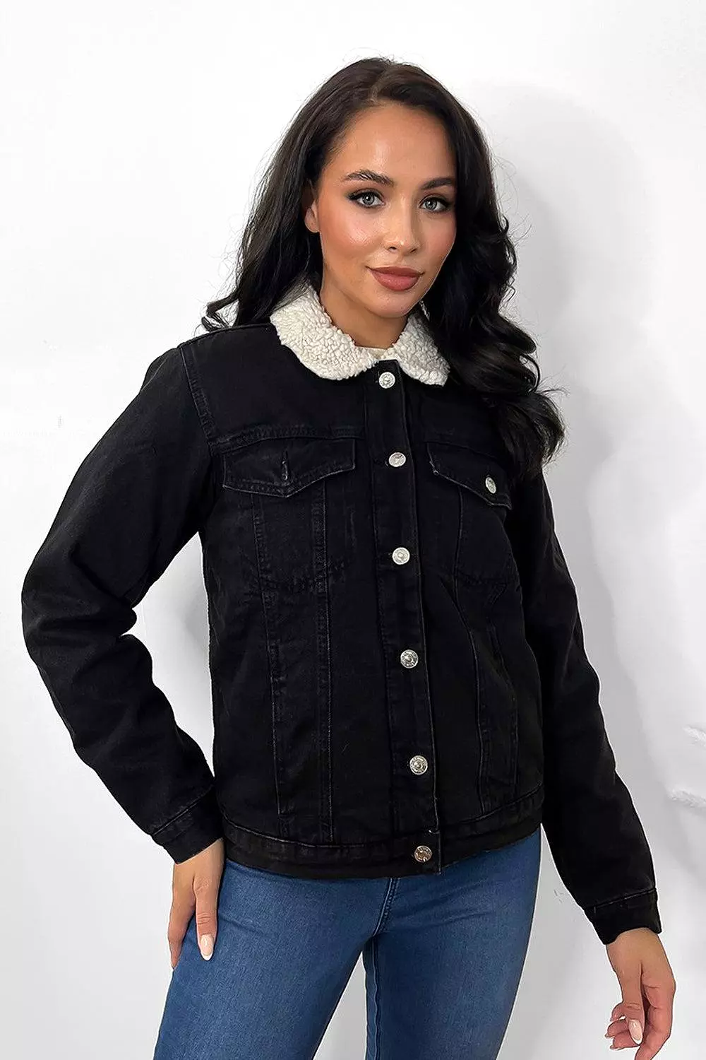 Black Vegan Shearling Denim Jacket