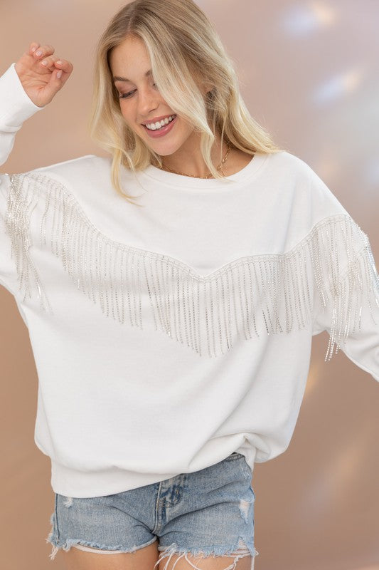 Blue B Rhinestone Fringe Pullover Top