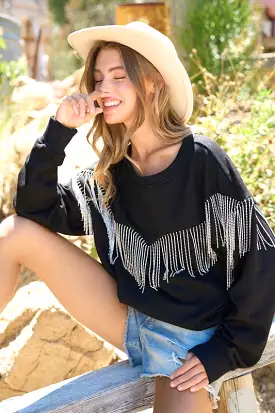 Blue B Rhinestone Fringe Pullover Top