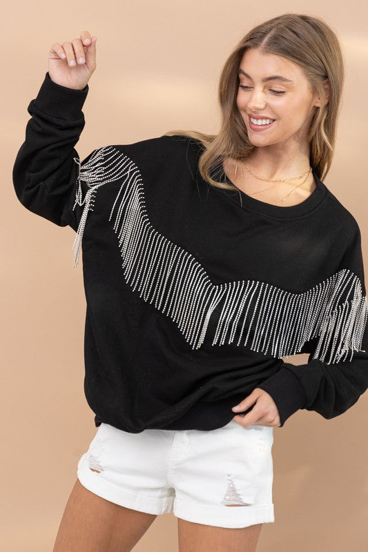 Blue B Rhinestone Fringe Pullover Top