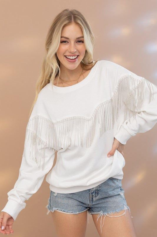 Blue B Rhinestone Fringe Pullover Top