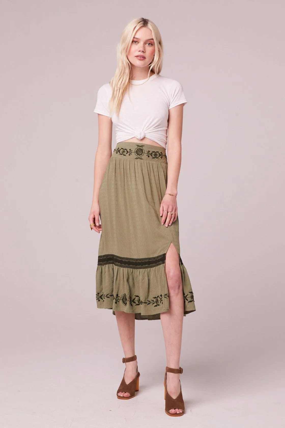 B.O.G Collective Gela Embroidered Midi Skirt in Moss