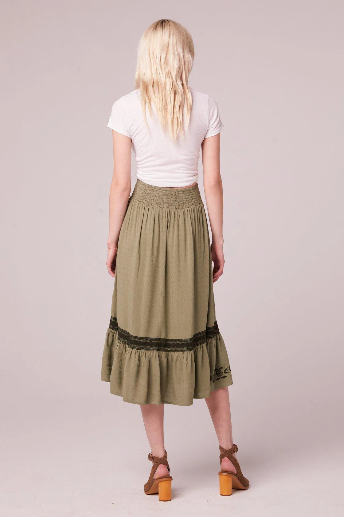 B.O.G Collective Gela Embroidered Midi Skirt in Moss