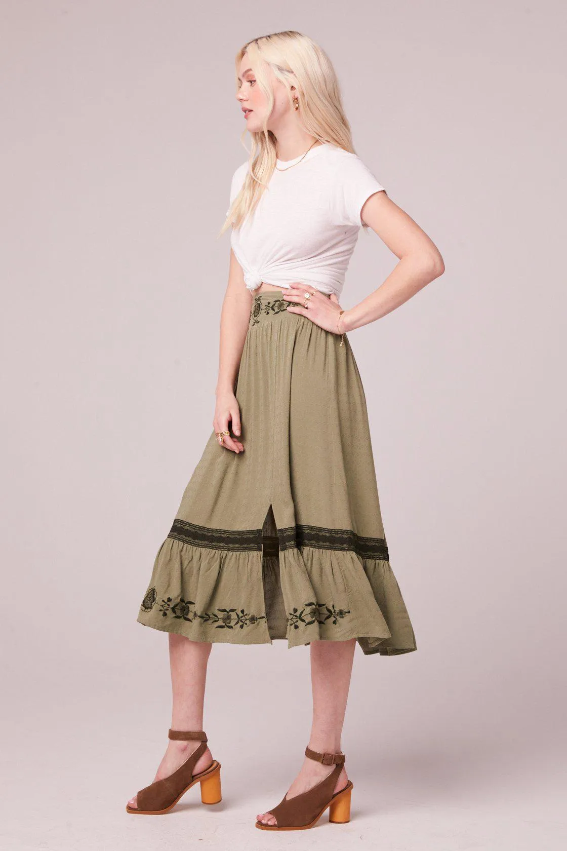 B.O.G Collective Gela Embroidered Midi Skirt in Moss