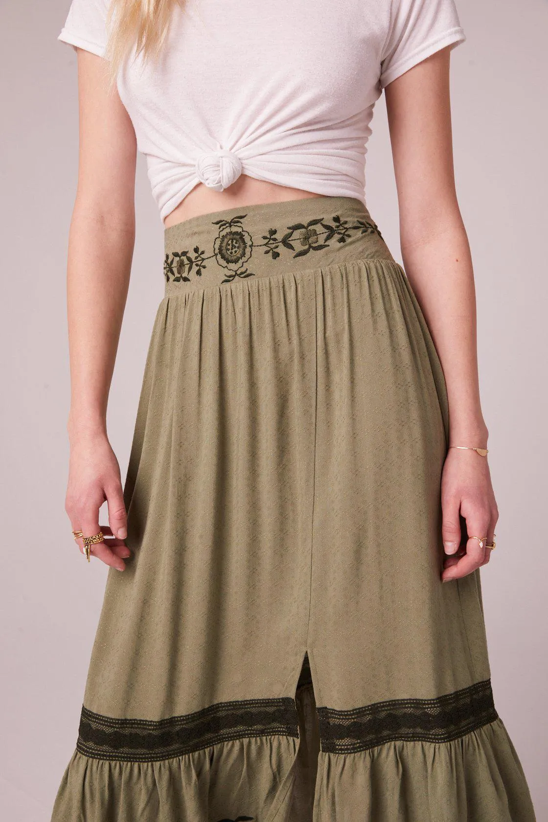 B.O.G Collective Gela Embroidered Midi Skirt in Moss