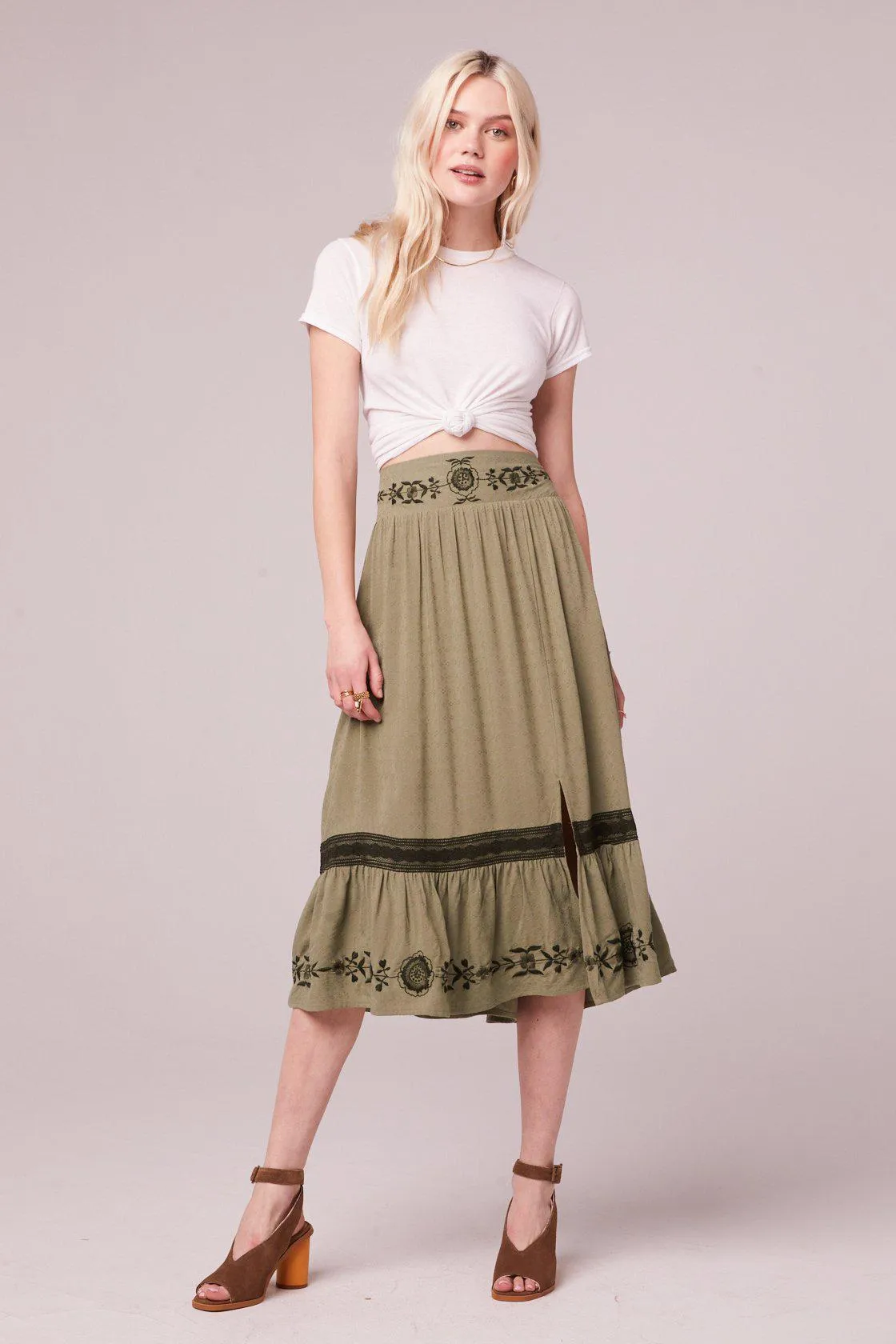 B.O.G Collective Gela Embroidered Midi Skirt in Moss