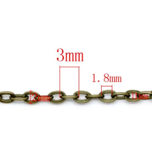 Chain, Iron, Cable Chain, Open Link, Flat, Oval, Antique Bronze, 3x2mm