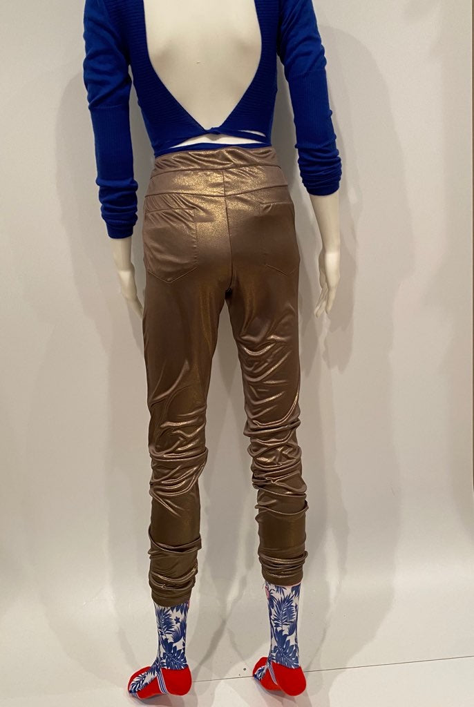 Chanel 12A, 2012 Paris Bombay Fall Stretchy Gold Metallic Pants Leggings FR 38 US 4/6