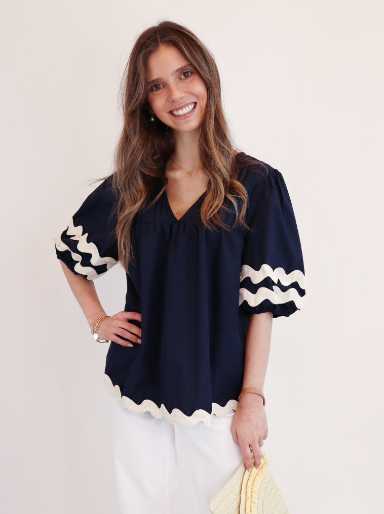 Chic Scalloped Navy Blouse