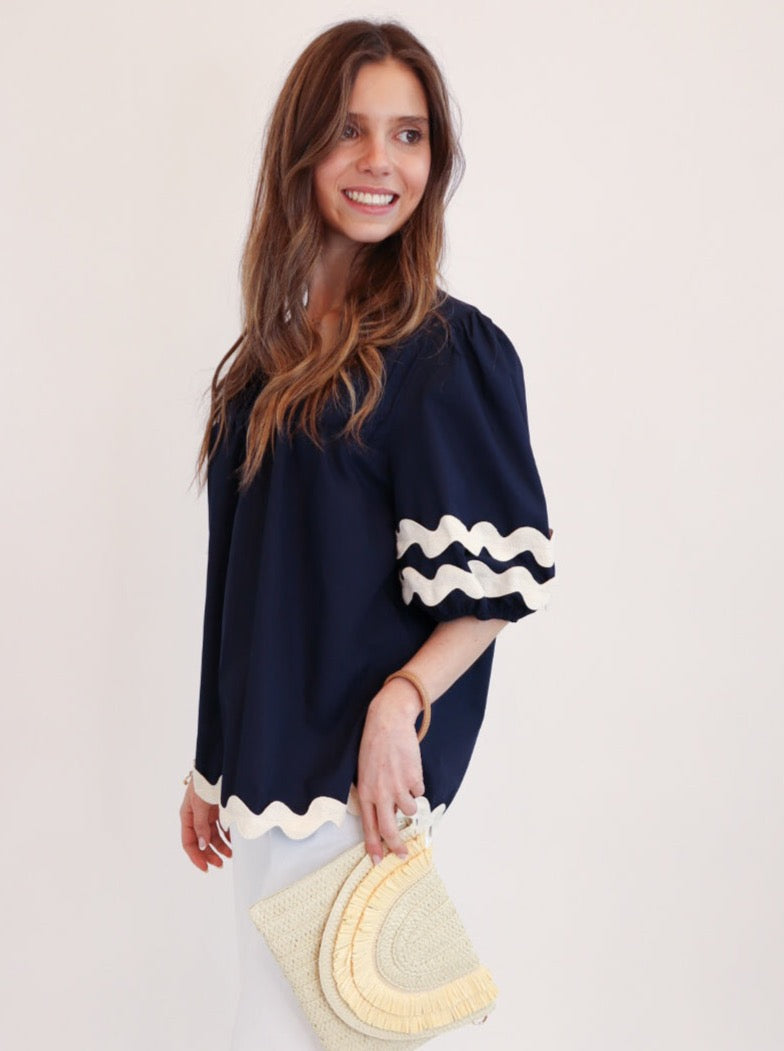 Chic Scalloped Navy Blouse