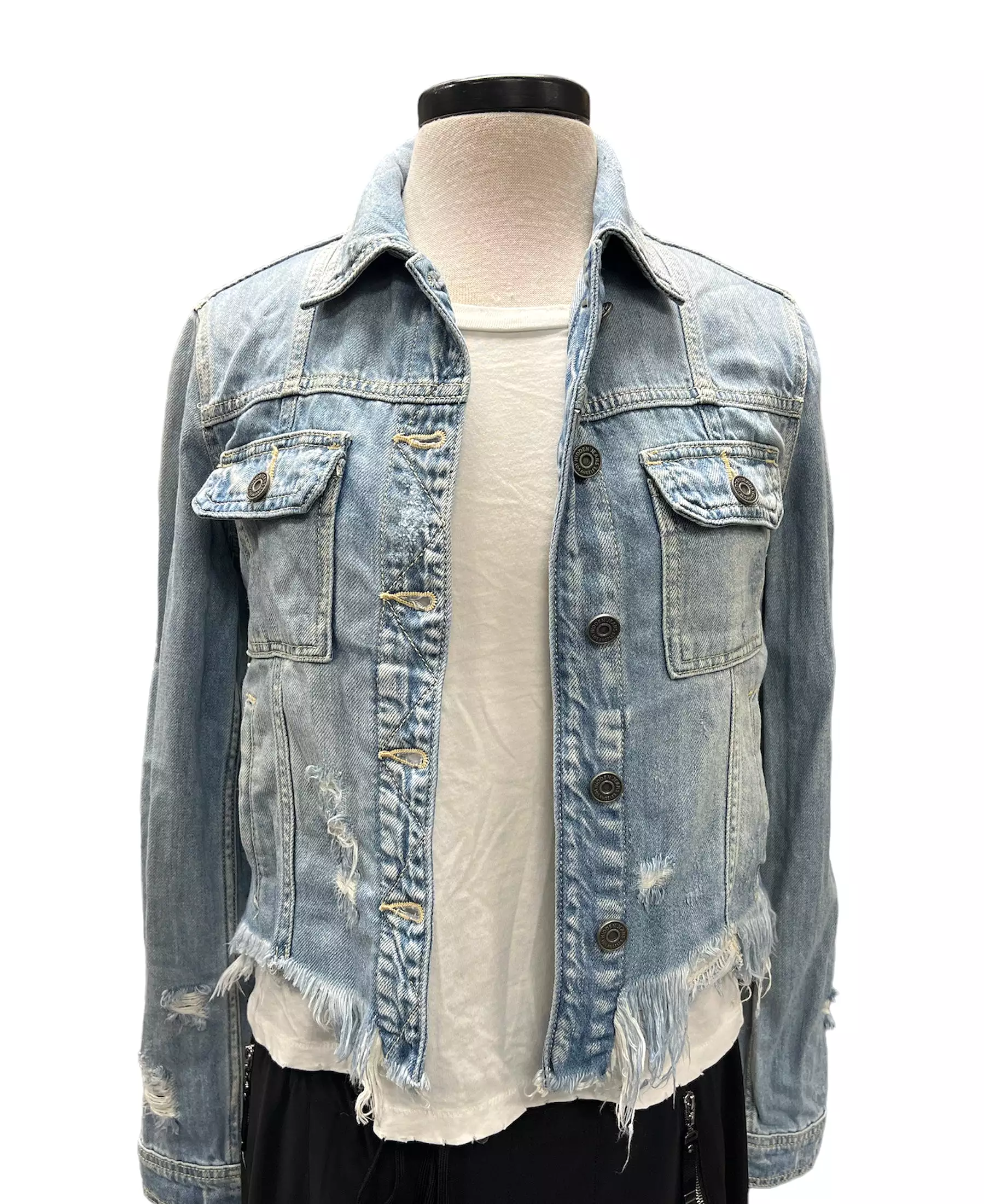 Collab 322 Eye Spy Cropped Fringe Blue Denim Jacket