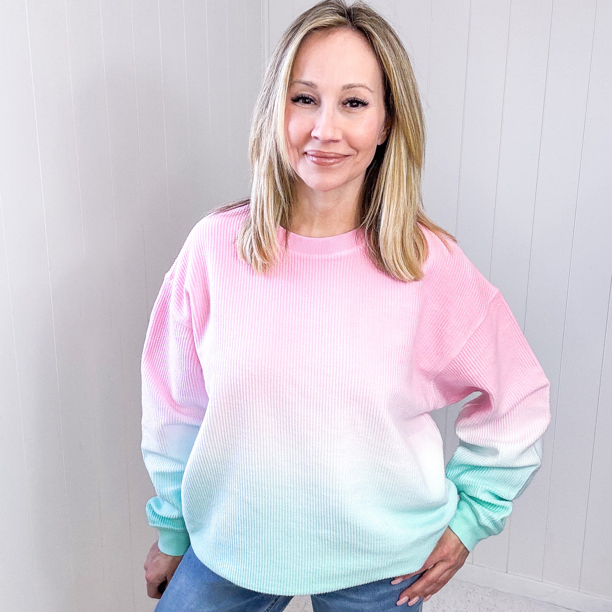 Cotton Candy Pink and Mint Ombre Luxe Soft Corded Pullover