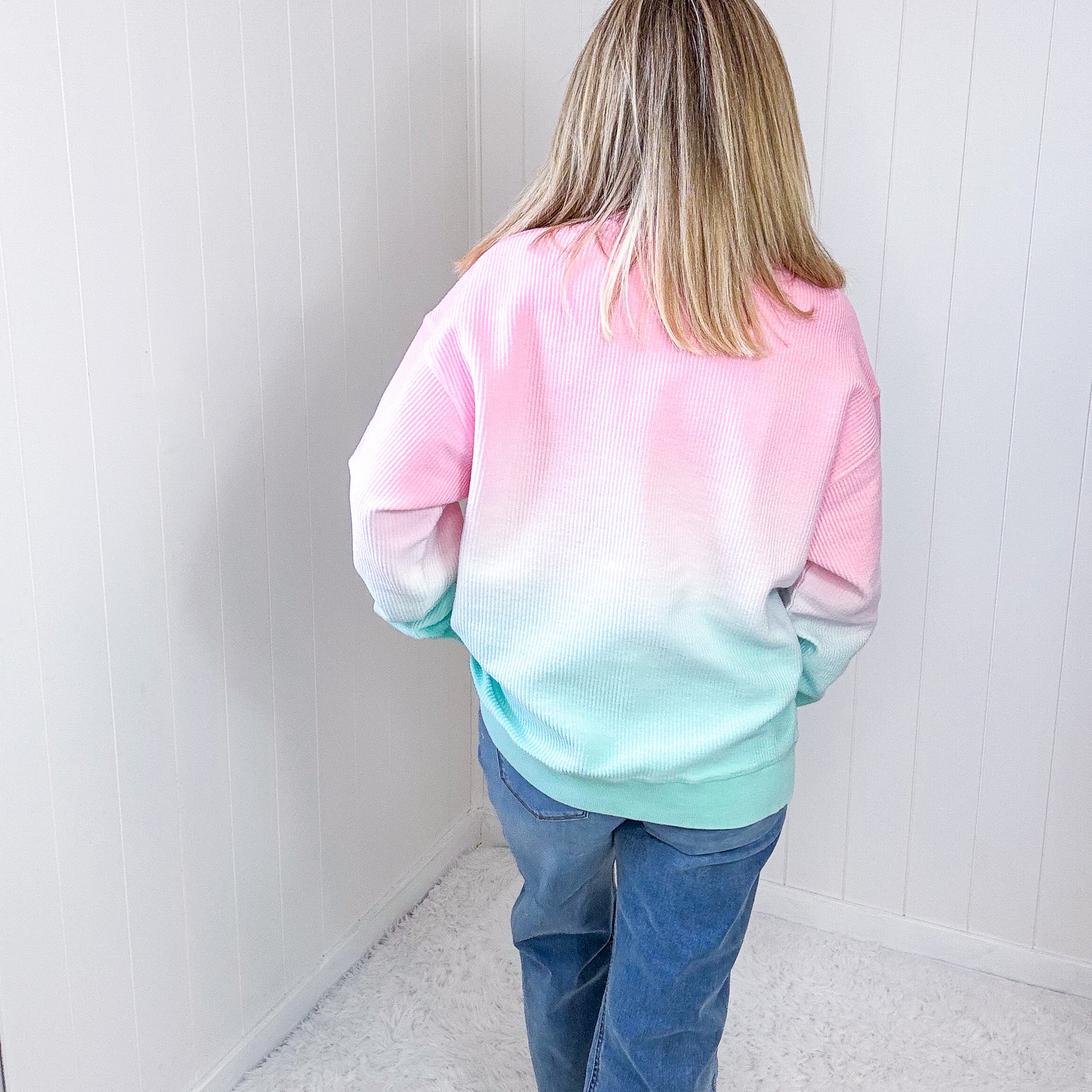 Cotton Candy Pink and Mint Ombre Luxe Soft Corded Pullover