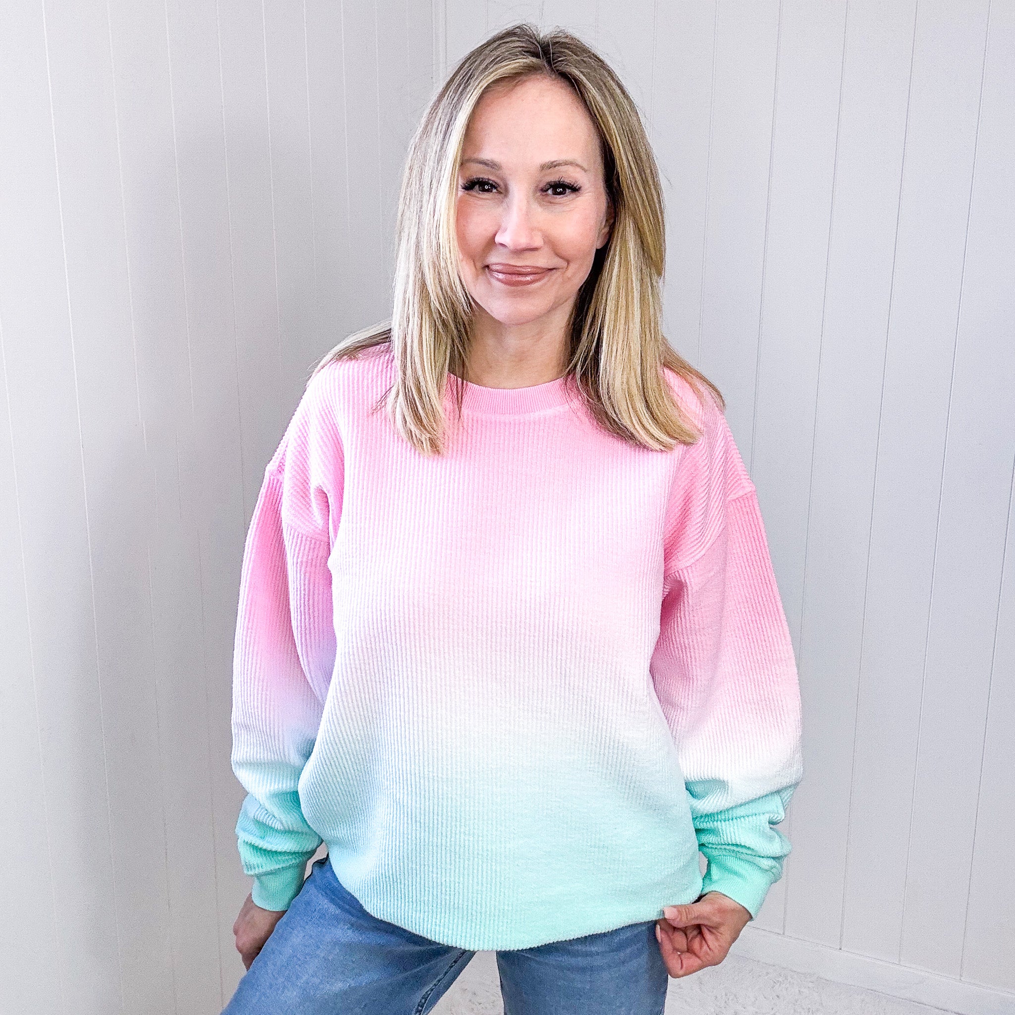 Cotton Candy Pink and Mint Ombre Luxe Soft Corded Pullover