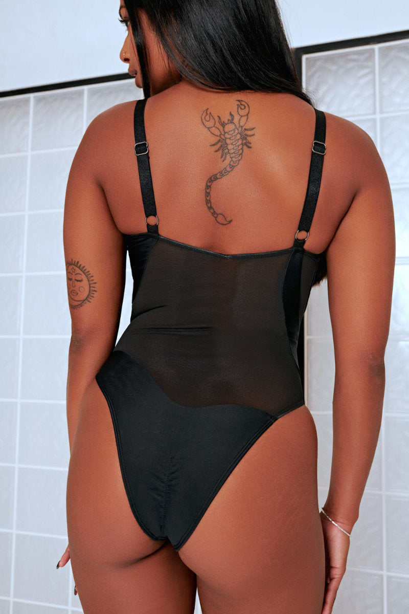 CXIX Silhouette One-Piece Bodysuit - Black with Black Mesh