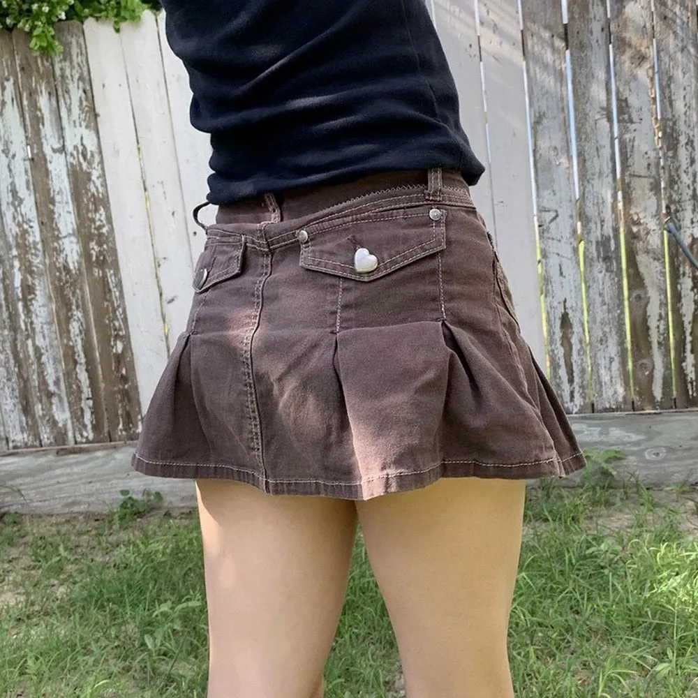 Denim Pleated Low Waisted Grunge Fairycore Kawaii Short Pockets Brown Mini Skirts for Women