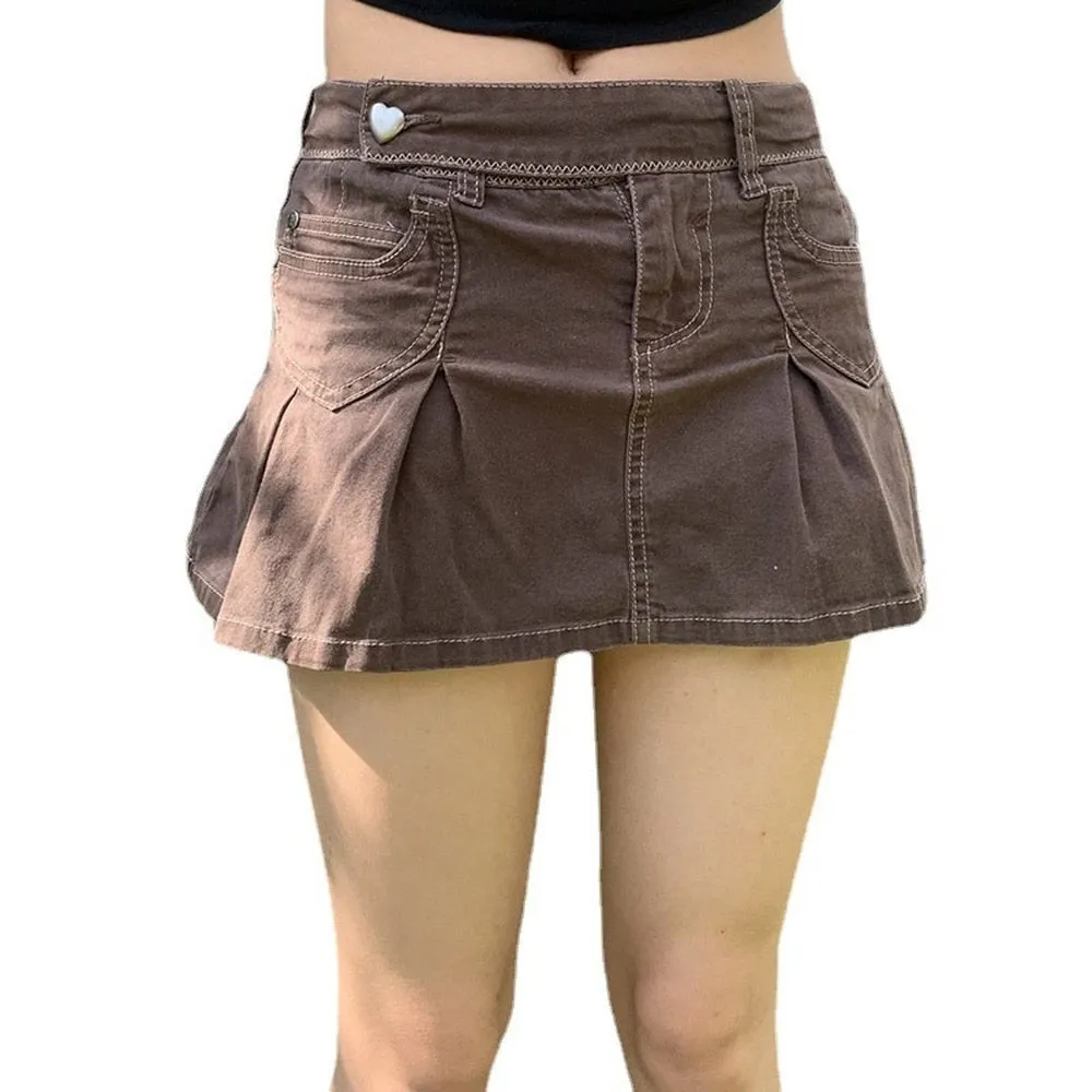 Denim Pleated Low Waisted Grunge Fairycore Kawaii Short Pockets Brown Mini Skirts for Women