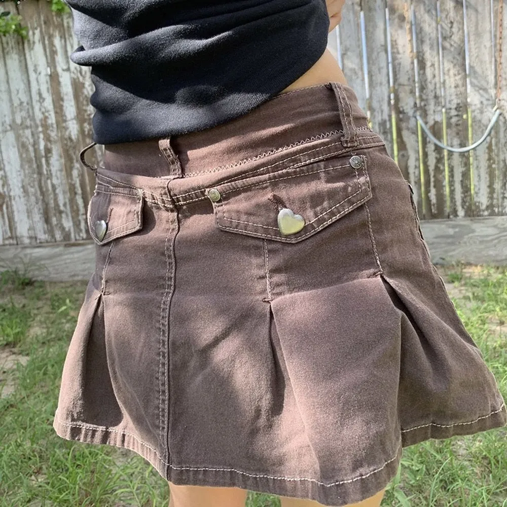 Denim Pleated Low Waisted Grunge Fairycore Kawaii Short Pockets Brown Mini Skirts for Women