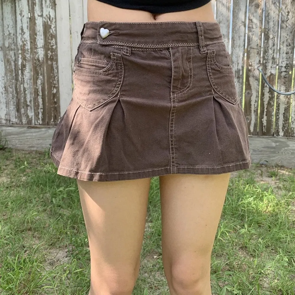 Denim Pleated Low Waisted Grunge Fairycore Kawaii Short Pockets Brown Mini Skirts for Women