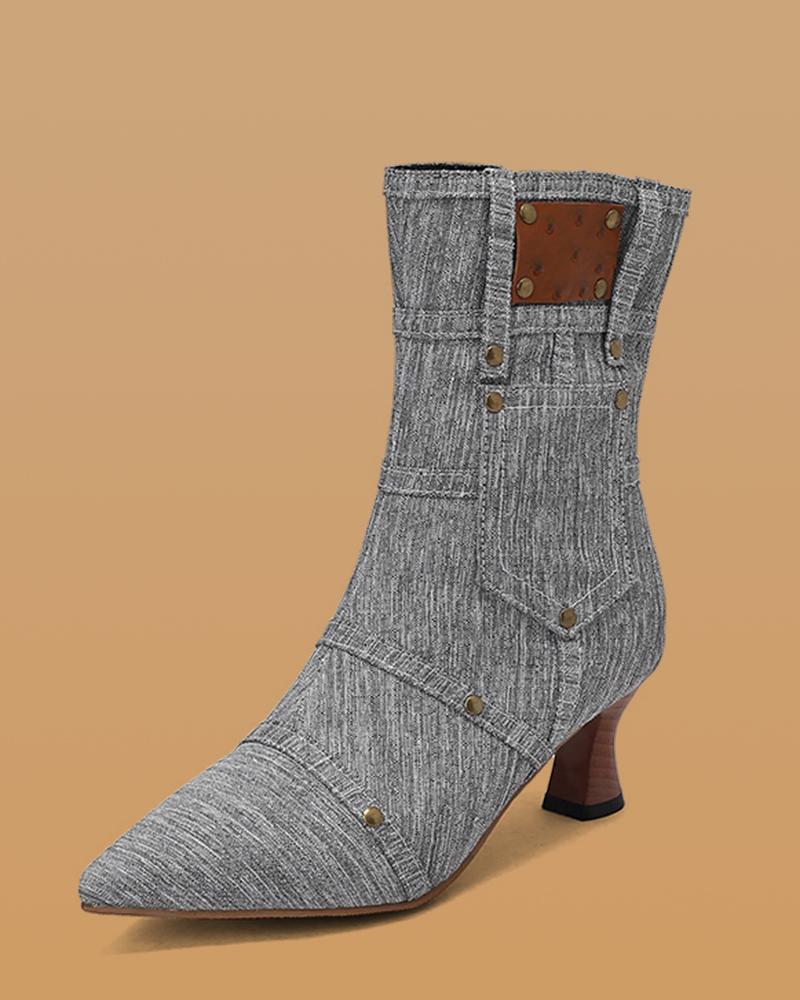 Denim Rivet Zipper Ankle Boots