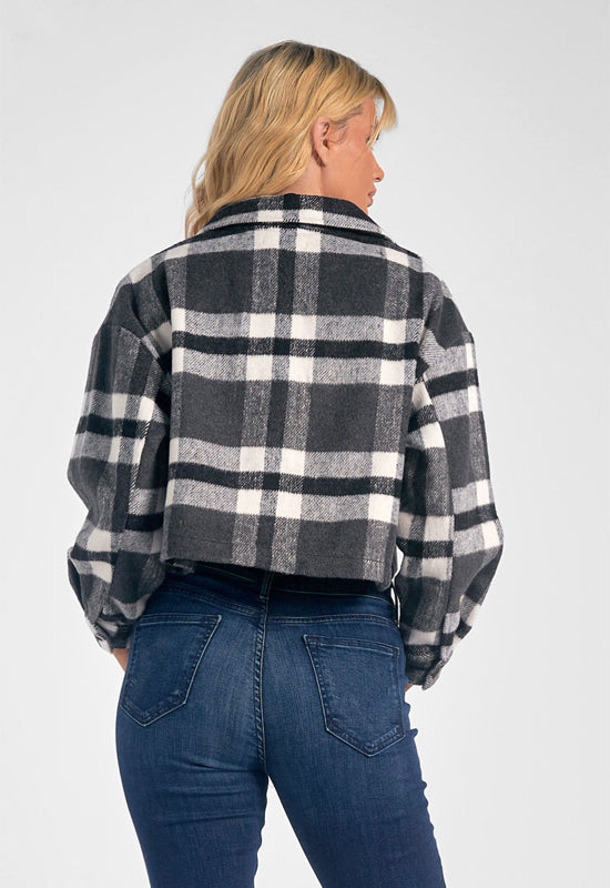 Elan - Plaid Crop Jacket Button Detail Black Plaid