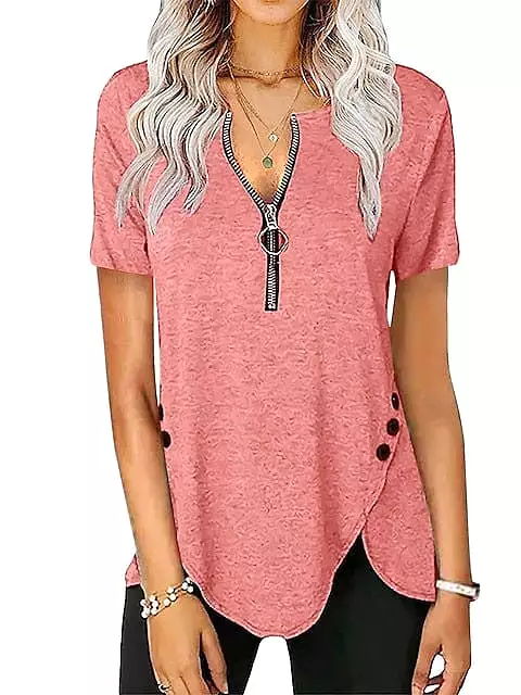 Elegant V-Neck Zippered Short-Sleeve Tunic Blouse