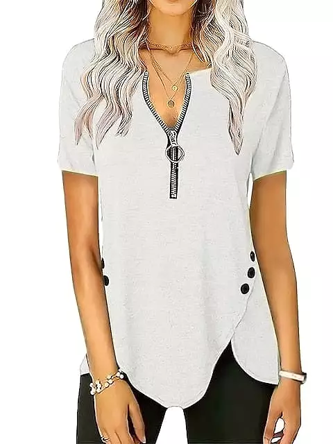 Elegant V-Neck Zippered Short-Sleeve Tunic Blouse