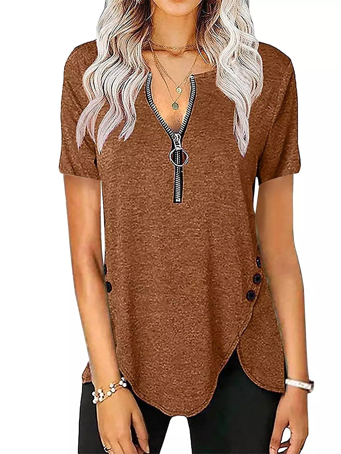 Elegant V-Neck Zippered Short-Sleeve Tunic Blouse