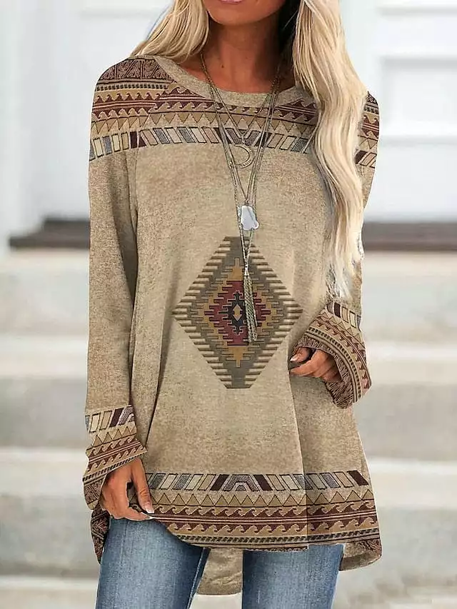 Ethnic Geometric Plaid Plus Size Tunic Tee