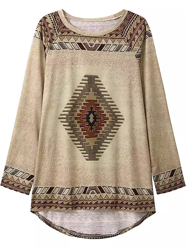 Ethnic Geometric Plaid Plus Size Tunic Tee