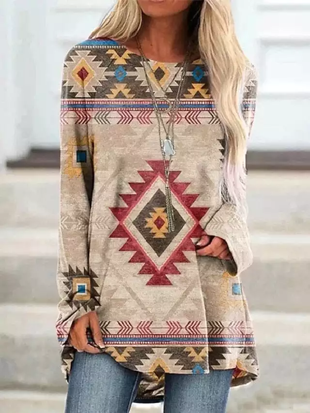 Ethnic Geometric Plaid Plus Size Tunic Tee