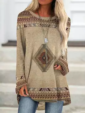 Ethnic Geometric Plaid Plus Size Tunic Tee