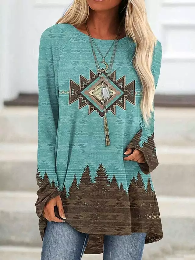 Ethnic Geometric Plaid Plus Size Tunic Tee