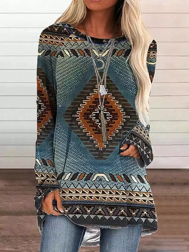 Ethnic Geometric Plaid Plus Size Tunic Tee