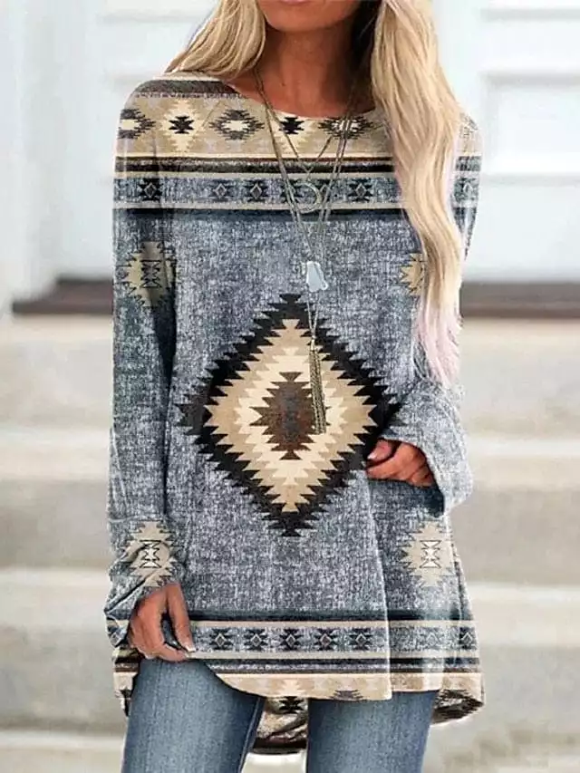 Ethnic Geometric Plaid Plus Size Tunic Tee