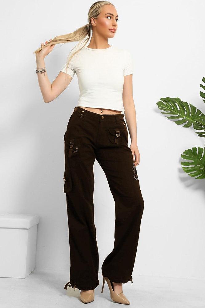 Floral Embroidery To Side Cargo Trousers