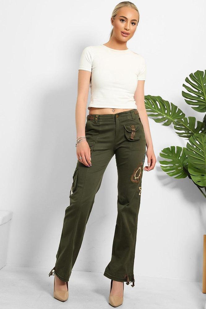 Floral Embroidery To Side Cargo Trousers