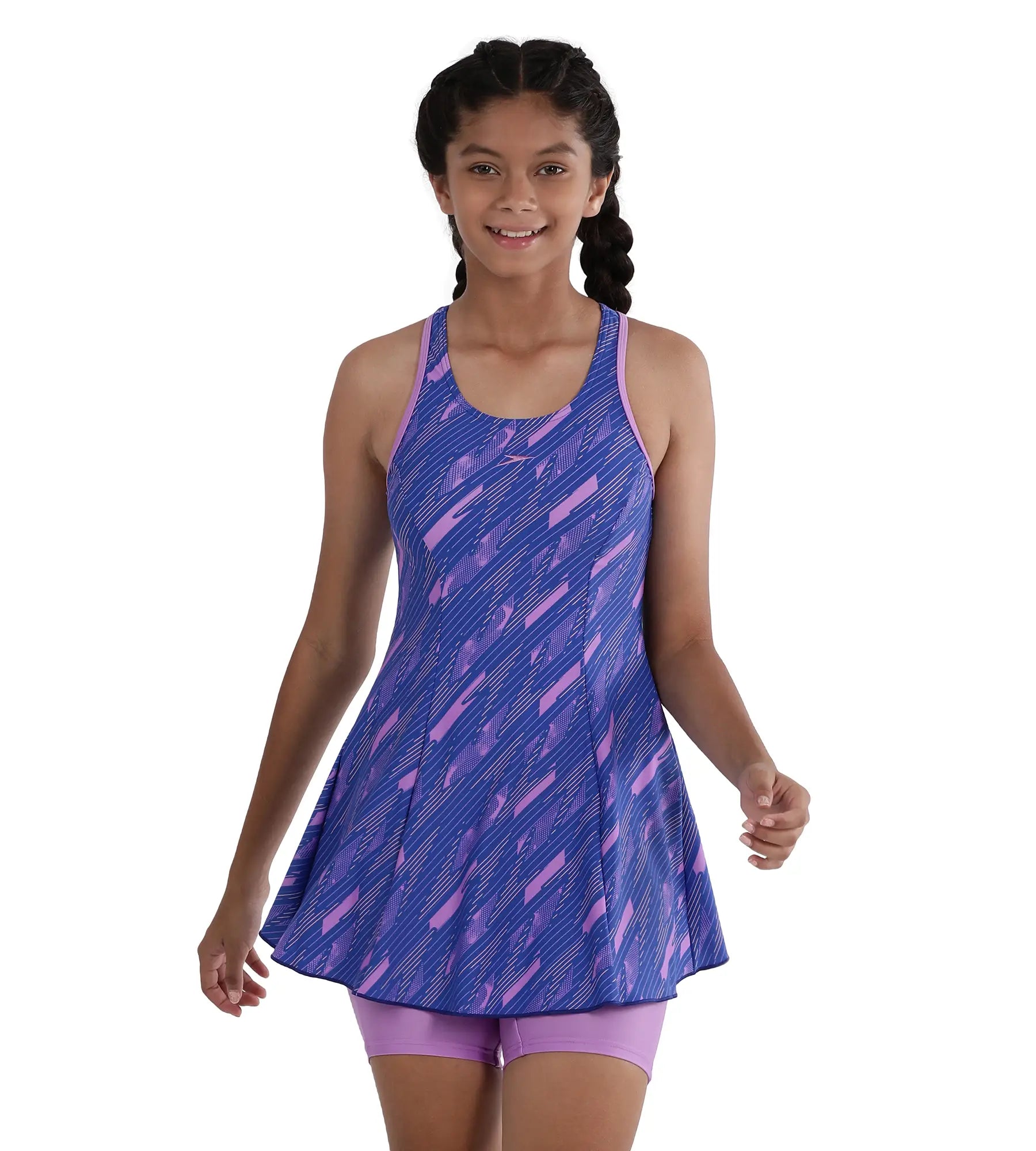 Girl's Endurance Printed Racerback Swimdress With Boyleg - Sweet Purple & True Cobalt