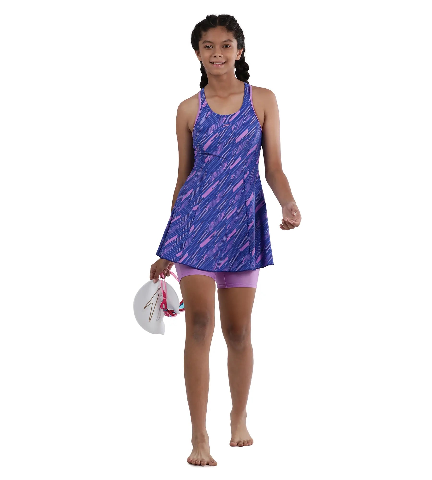 Girl's Endurance Printed Racerback Swimdress With Boyleg - Sweet Purple & True Cobalt