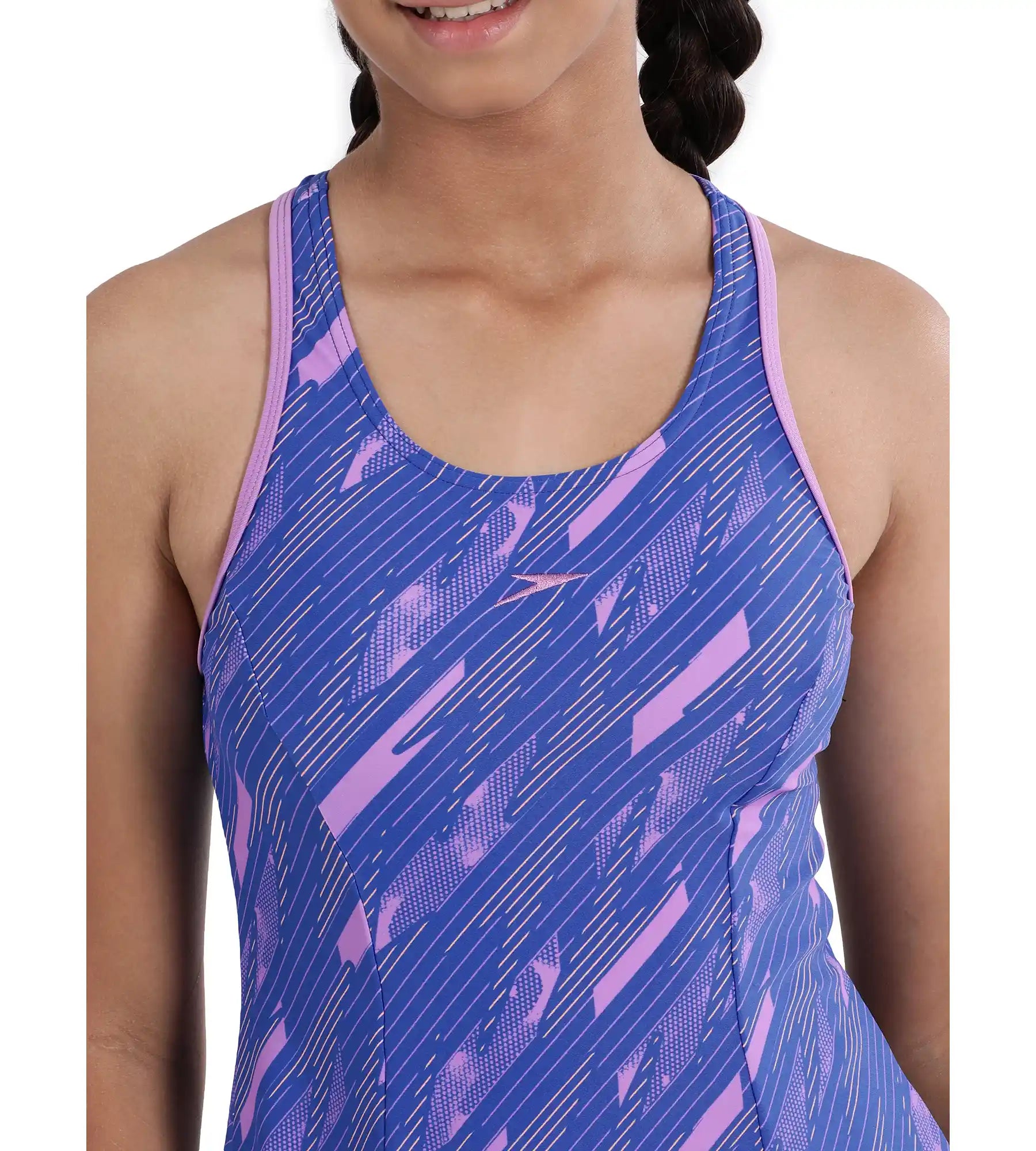 Girl's Endurance Printed Racerback Swimdress With Boyleg - Sweet Purple & True Cobalt